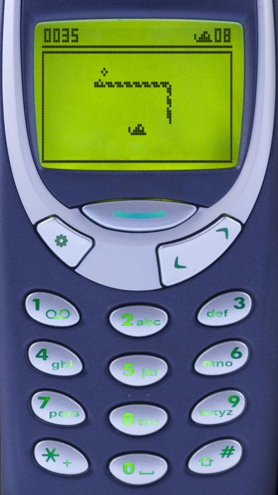 Snake 2 running in the 3310 mode of Snake '97, blue phone with green display
