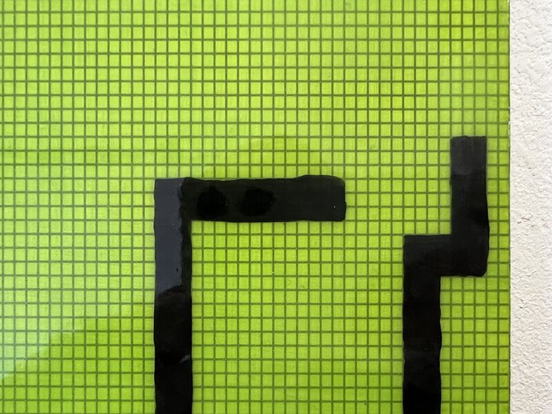 Dot-matrix canvas, manual brush strokes and a glossy finish