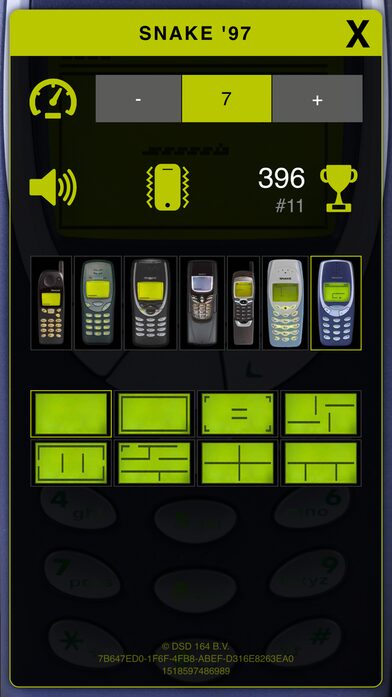 Snake '97 settings screen: choose one of seven phone models and seven labyrinths
